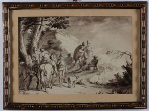 Duplessis Claude Michel Hamon (circa 1791-1799) : Cavalieri in sosta in riva ad un fiume  - Asta Antiquariato - Associazione Nazionale - Case d'Asta italiane