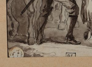Duplessis Claude Michel Hamon (circa 1791-1799) : Cavalieri in sosta in riva ad un fiume  - Asta Antiquariato - Associazione Nazionale - Case d'Asta italiane