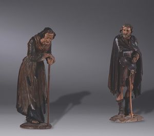 Coppia di sculture in legno raffiguranti mendicanti, Germania o Austria XIX secolo  - Asta Antiquariato - Associazione Nazionale - Case d'Asta italiane