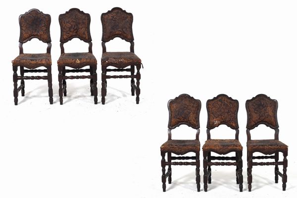 Sei sedie in noce con gambe a rocchetto. XVIII secolo  - Asta Antiquariato - Associazione Nazionale - Case d'Asta italiane