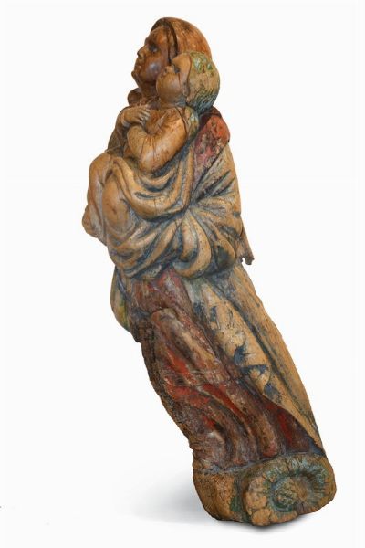 Polena in legno raffigurante Sant'Anna con in braccio Maria Bambina, XVII-XVIII secolo  - Asta Arte Marinara e Strumenti Scientifici - Associazione Nazionale - Case d'Asta italiane