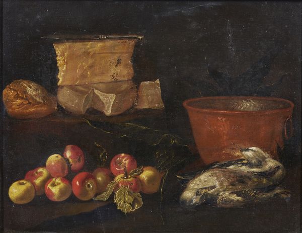 ARTISTA DEL XVII SECOLO : Natura morta con pesche, paiolo in rame, cacciagione e forme di formaggio  - Asta Asta 469 | ARTE ANTICA E DEL XIX SECOLO Online - Associazione Nazionale - Case d'Asta italiane