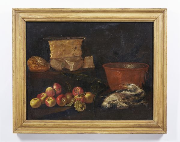 ARTISTA DEL XVII SECOLO : Natura morta con pesche, paiolo in rame, cacciagione e forme di formaggio  - Asta Asta 469 | ARTE ANTICA E DEL XIX SECOLO Online - Associazione Nazionale - Case d'Asta italiane