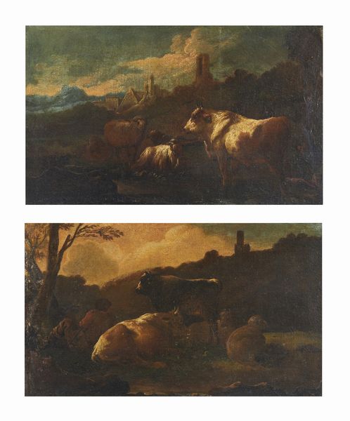 PHILIPP PETER ROOS DETTO ROSA DA TIVOLI  (1657 - 1706) : Cerchia di. Coppia di paesaggi con armenti  - Asta Asta 469 | ARTE ANTICA E DEL XIX SECOLO Online - Associazione Nazionale - Case d'Asta italiane