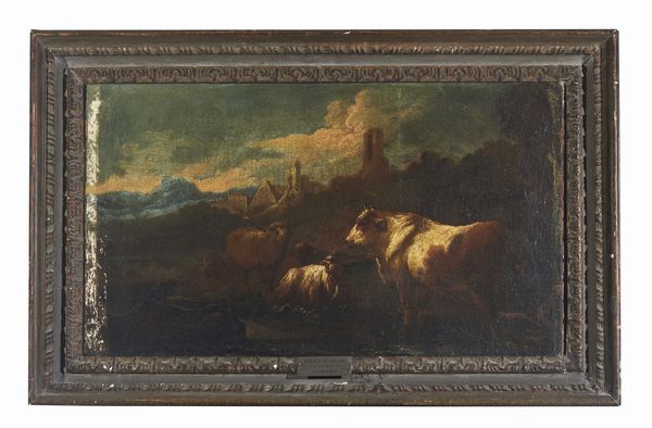 PHILIPP PETER ROOS DETTO ROSA DA TIVOLI  (1657 - 1706) : Cerchia di. Coppia di paesaggi con armenti  - Asta Asta 469 | ARTE ANTICA E DEL XIX SECOLO Online - Associazione Nazionale - Case d'Asta italiane