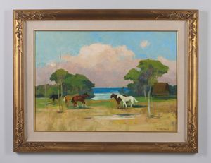 NATALI RENATO (1864 - 1947) : Cavalli al pascolo (Maremma)  - Asta Asta 469 | ARTE ANTICA E DEL XIX SECOLO Online - Associazione Nazionale - Case d'Asta italiane