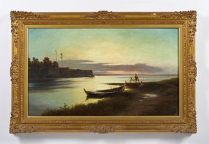 VERTUNNI ARTURO (1860 - 1910) : Attribuito a. Lago al tramonto con pescatori  - Asta Asta 469 | ARTE ANTICA E DEL XIX SECOLO Online - Associazione Nazionale - Case d'Asta italiane