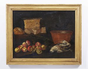 ARTISTA DEL XVII SECOLO : Natura morta con pesche, paiolo in rame, cacciagione e forme di formaggio  - Asta Asta 469 | ARTE ANTICA E DEL XIX SECOLO Online - Associazione Nazionale - Case d'Asta italiane