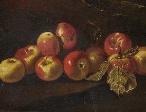 ARTISTA DEL XVII SECOLO : Natura morta con pesche, paiolo in rame, cacciagione e forme di formaggio  - Asta Asta 469 | ARTE ANTICA E DEL XIX SECOLO Online - Associazione Nazionale - Case d'Asta italiane