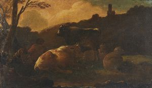 PHILIPP PETER ROOS DETTO ROSA DA TIVOLI  (1657 - 1706) : Cerchia di. Coppia di paesaggi con armenti  - Asta Asta 469 | ARTE ANTICA E DEL XIX SECOLO Online - Associazione Nazionale - Case d'Asta italiane