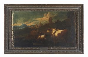 PHILIPP PETER ROOS DETTO ROSA DA TIVOLI  (1657 - 1706) : Cerchia di. Coppia di paesaggi con armenti  - Asta Asta 469 | ARTE ANTICA E DEL XIX SECOLO Online - Associazione Nazionale - Case d'Asta italiane