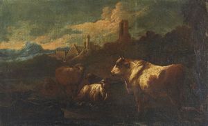 PHILIPP PETER ROOS DETTO ROSA DA TIVOLI  (1657 - 1706) : Cerchia di. Coppia di paesaggi con armenti  - Asta Asta 469 | ARTE ANTICA E DEL XIX SECOLO Online - Associazione Nazionale - Case d'Asta italiane