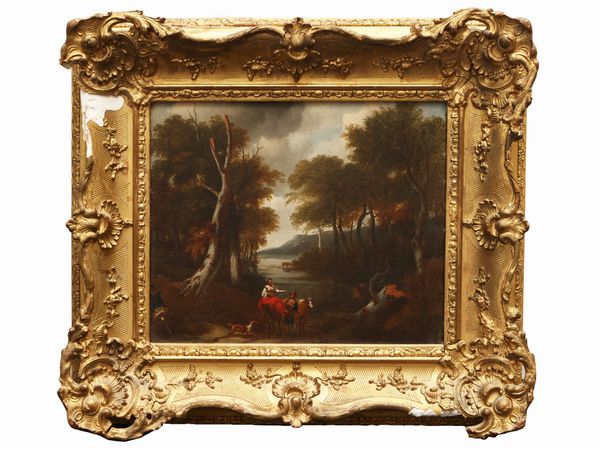 Scuola fiamminga del XVII/XVIII secolo : Paesaggio con personaggi  - Asta D�ballage. Occasioni in asta - Associazione Nazionale - Case d'Asta italiane