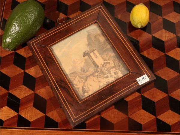 Scuola italiana del XIX secolo : Scorcio di viottolo con tabernacolo e viandante  - Asta D�ballage. Occasioni in asta - Associazione Nazionale - Case d'Asta italiane