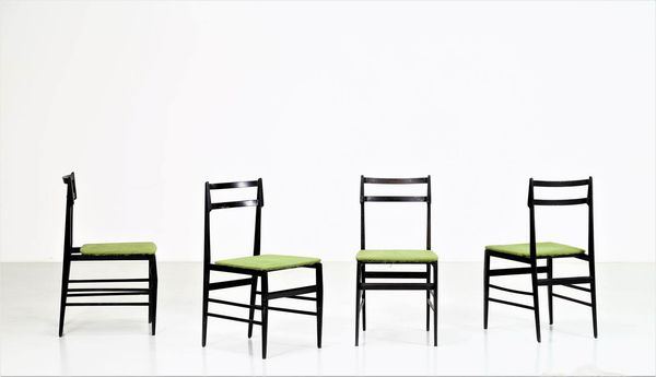 MANIFATTURA ITALIANA : Quattro sedie in legno ebanizzato e tessuto, anni 60  - Asta ASTA 247 DESIGN - Associazione Nazionale - Case d'Asta italiane