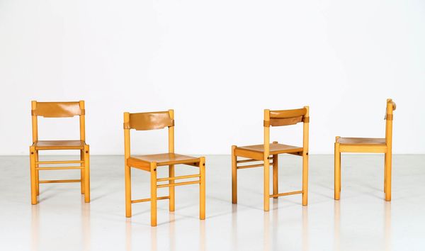 IBISCO SEDIE : Quattro sedie in faggio e cuoio, anni 70 per Ibisco  - Asta ASTA 247 DESIGN - Associazione Nazionale - Case d'Asta italiane