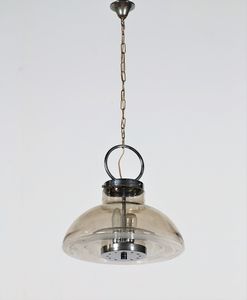 MANIFATTURA ITALIANA - Lampada a sospensione in metallo cromato e vetro, anni 60