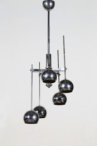 MANIFATTURA ITALIANA - Lampadario cinque luci regolabili in metallo cromato, anni 60