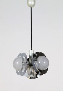 ENRICO TRONCONI - Attrib. Lampadario tre luci in metallo cromato e vetro, anni 70