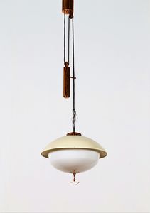 MANIFATTURA ITALIANA - Lampada saliscendi in ottone, rame e perspex, anni 50