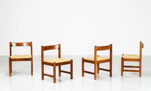 GIOVANNI MICHELUCCI - Quattro sedie in noce massello e paglia, serie Torbecchia per Poltronova anni 60