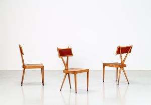 GIANNI VIGORELLI - Tre sedie in legno e tessuto originale, anni 50