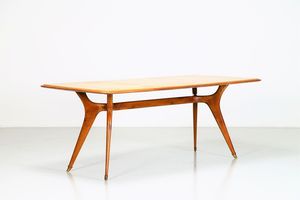 MANIFATTURA ITALIANA - Tavolo in legno con piano in pergamena e puntali in ottone,anni 50