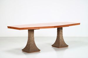 ANGELO MANGIAROTTI - Attrib. Tavolo esagonale in pietra e piano in legno esagonale, anni 60