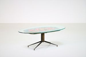 STIL KERAMOS - Tavolino da salotto in metallo, ottone, ceramica e paiano in vetro, Padova 1957