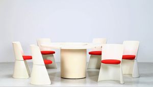 FABIO LENCI - Tavolo sei sedie e carrello in poliuretano rigido stampato, tavolo mod. 230, sedie mod. 231, per Bernini anni 70.