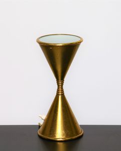 ANGELO LELLI - Lampada da tavolo in metallo e vetro sabbiato, mod. Clessidra per Arredoluce anni 50