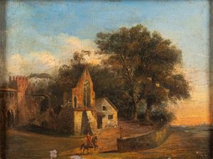 Scuola inglese, secolo XIX - Paesaggio con fortificazione e cavaliere