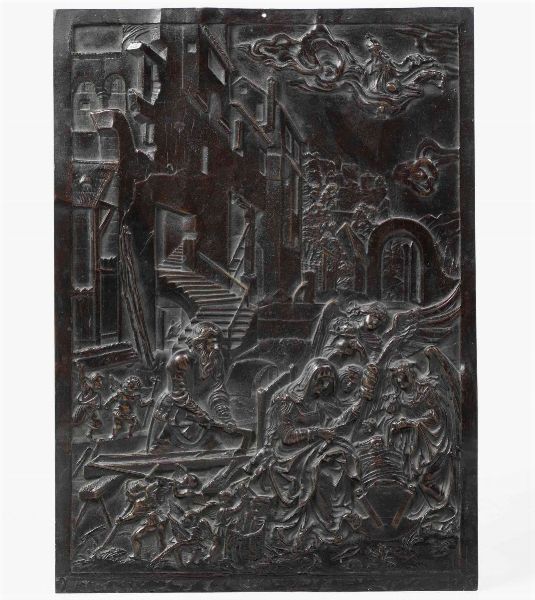 Sacra Famiglia. Placca in bronzo fuso e cesellato. Fonditore tedesco del XVII secolo  - Asta Scultura - Associazione Nazionale - Case d'Asta italiane