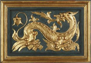 Coppia di formelle con draghi in legno dorato. Italia XVIII-XIX secolo  - Asta Scultura - Associazione Nazionale - Case d'Asta italiane