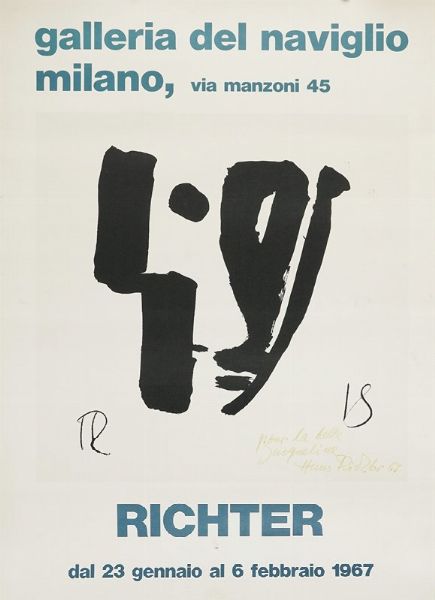 Hans Richter : Dedica autografa su manifesto della mostra Richter presso la Galleria del Naviglio di Milano.  - Asta Libri, autografi e manoscritti - Associazione Nazionale - Case d'Asta italiane