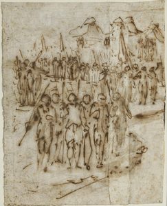 Luca Cambiaso, alla maniera di - Accampamento con soldati