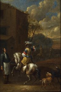 Scuola fiamminga del XVIII secolo Ristoro di un nobiluomo a cavallo  - Asta Dipinti Antichi - Associazione Nazionale - Case d'Asta italiane
