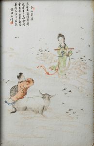 Placca in porcellana con figura femminile e fanciullo su bufalo con iscrizioni, Cina, Dinastia Qing, XIX secolo  - Asta Arte Orientale - Associazione Nazionale - Case d'Asta italiane