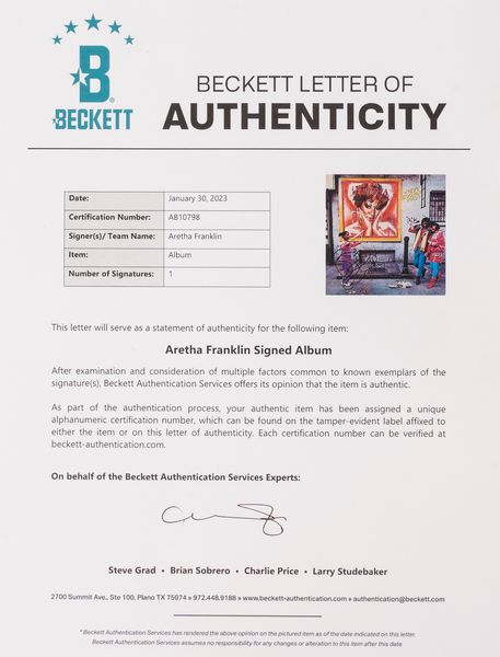 Aretha Franklin � LP firmato � Who's Zoomin' Who? � Cert. Beckett  - Asta Pop Culture / Memorabilia e Card - Associazione Nazionale - Case d'Asta italiane