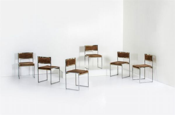 REGA ROMEO : Sei sedie con struttura in metallo cromato. Anni '70 cm 77x48x41  - Asta Asta 147 Design - Associazione Nazionale - Case d'Asta italiane