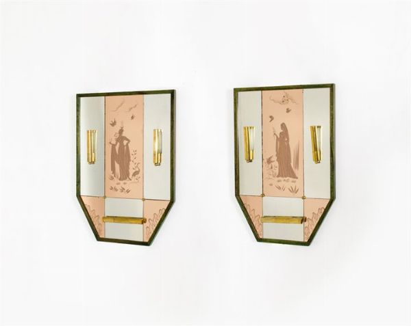 PRODUZIONE ITALIANA : Coppia di specchiere con cornice in legno verniciato  diffusori in ottone. Anni '40 cm 86x60  - Asta Asta 147 Design - Associazione Nazionale - Case d'Asta italiane