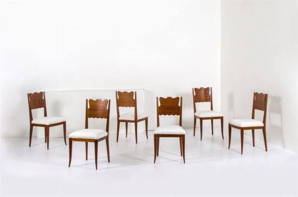 BUFFA PAOLO : Sei sedie con struttura in legno  seduta imbottita rivestita in tessuto. Anni '50 cm 89x45x45  - Asta Asta 147 Design - Associazione Nazionale - Case d'Asta italiane
