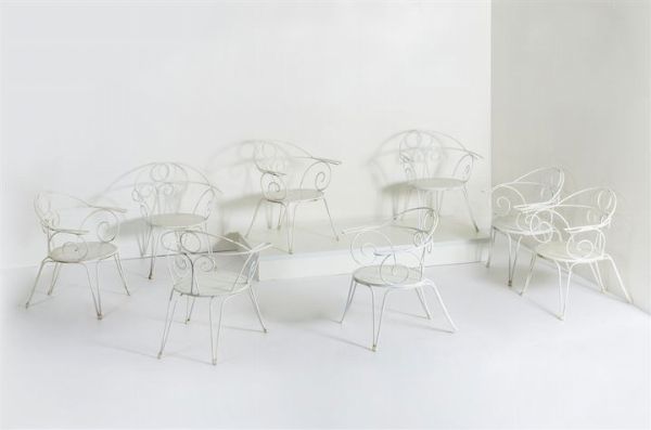PRODUZIONE ITALIANA : Otto sedie in tondino di metallo verniciato. Anni '50 cm 83x69x58  - Asta Asta 147 Design - Associazione Nazionale - Case d'Asta italiane
