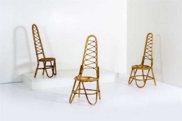 PRODUZIONE ITALIANA : Tre sedie in giunco. Anni '60 cm 112x48x42  - Asta Asta 147 Design - Associazione Nazionale - Case d'Asta italiane