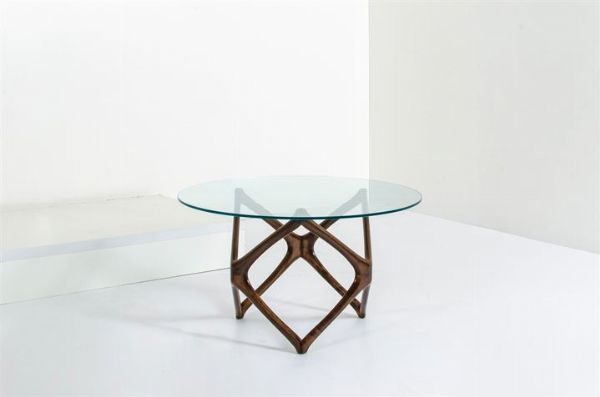 LACCA CESARE : Tavolino con struttura in legno verniciato  piano in vetro molato. Anni '50 cm 46 5x80  - Asta Asta 147 Design - Associazione Nazionale - Case d'Asta italiane