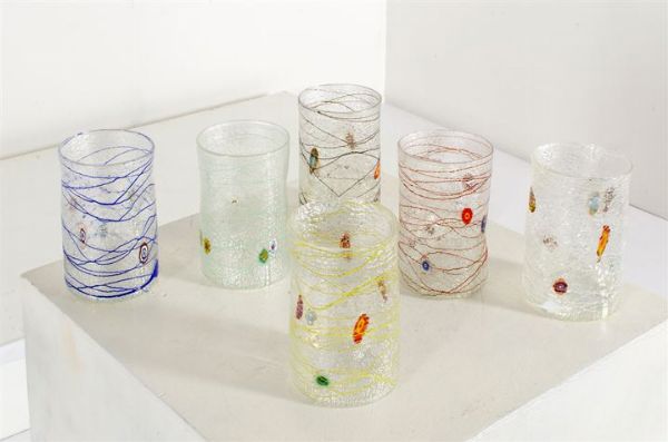 NASON : Sei bicchieri in vetro colorato di Murano. h cm 13  - Asta Asta 147 Design - Associazione Nazionale - Case d'Asta italiane