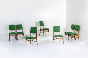 STANDARD MARIANO COMENSE - Sette sedie con struttura in legno e particolari in ottone  sedute e schienali imbottiti rivestiti in tessuto.  [..]