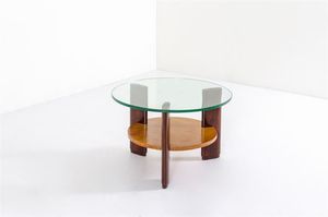 BORSANI OSVALDO (attribuito) - Tavolino in legni di varie essenze  piano in vetro temperato. Anni '40 cm 50x75