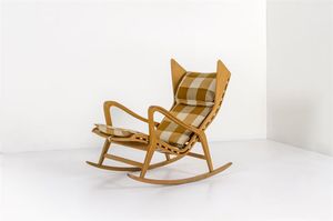 UFFICIO TECNICO CASSINA - Sedia a dondolo in legno d'acero  cuscino imbottito rivestito in tessuto. Anni '50 cm 93x110x65