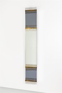 SOTTSASS ETTORE - Specchiera  formata da due elementi di cristallo fum ed uno bianco  Montatura in ottone Prod. Santambrogio e  [..]